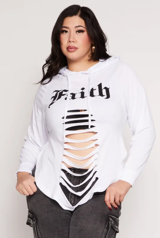 Plus Size Faith Graphic Slashed Hooded Top sold by Rainbow