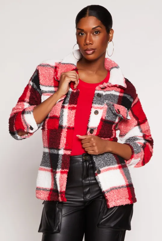 Plaid Sherpa Button Front Shacket sold by Rainbow