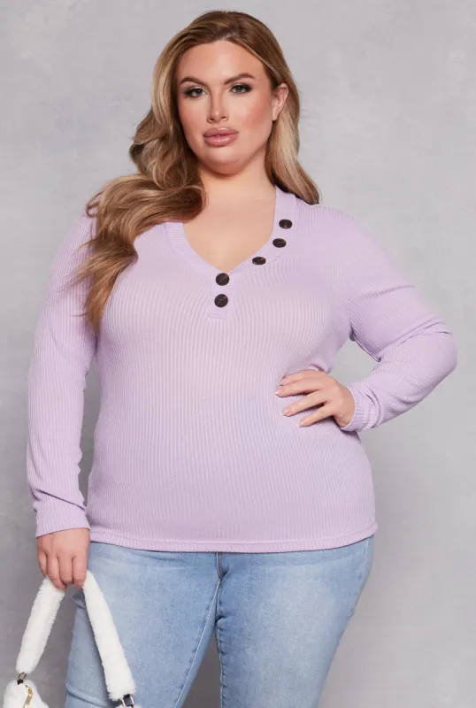 Plus Size Brushed Ribbed Knit V Neck Top sold by Rainbow