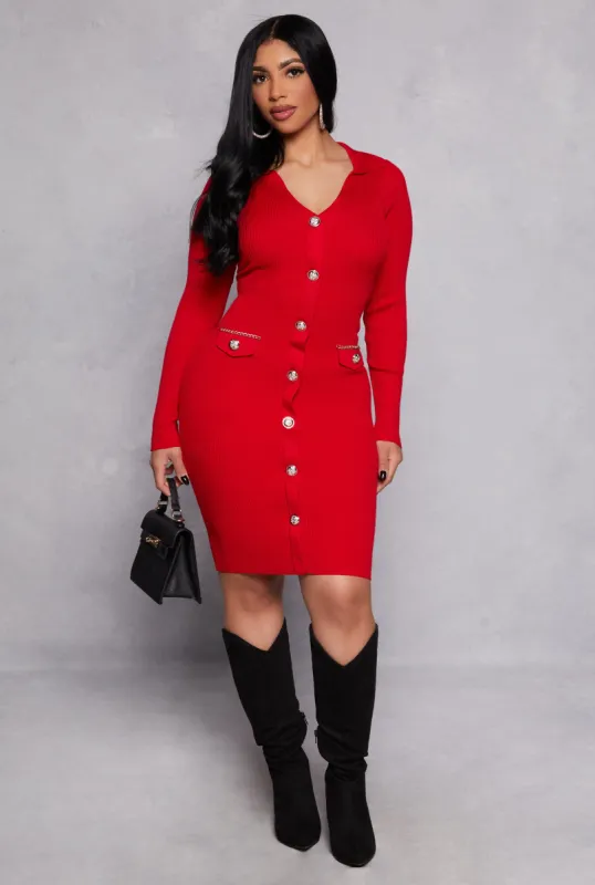 Faux Button Polo Collar Sweater Dress sold by Rainbow