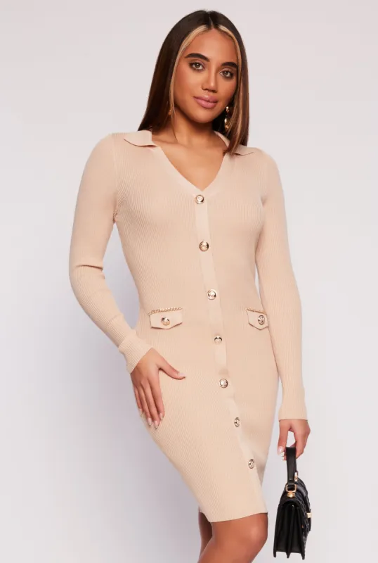 Faux Button Polo Collar Sweater Dress sold by Rainbow