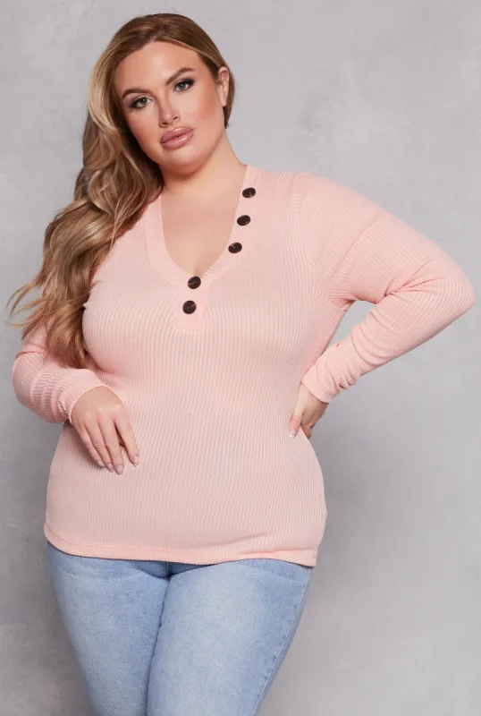 Plus Size Brushed Ribbed Knit V Neck Top sold by Rainbow