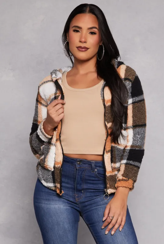 Sherpa Plaid Zip Front Hoodie sold by Rainbow
