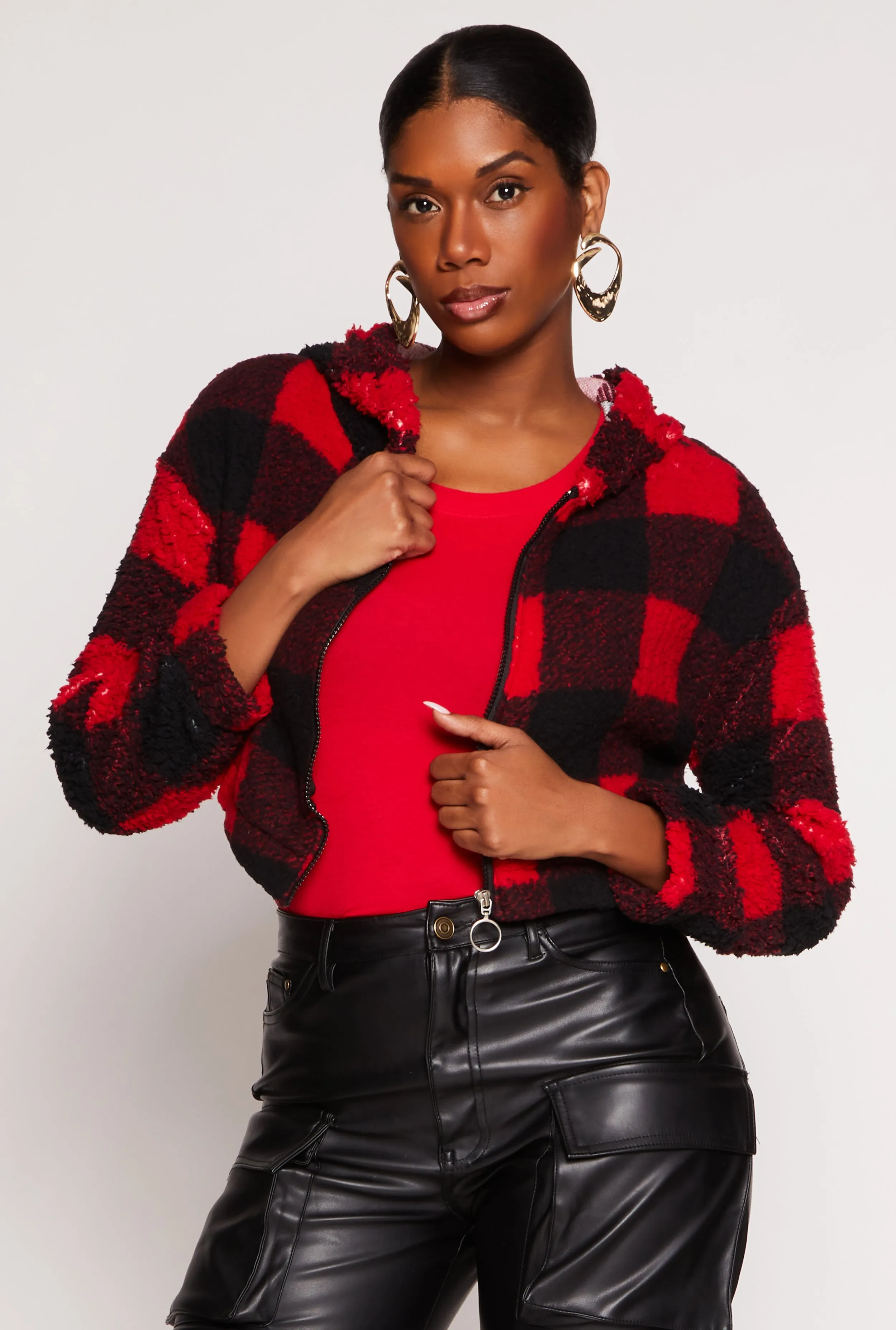 Buffalo Plaid Zip Front Hooded Cropped Jacket sold by Rainbow