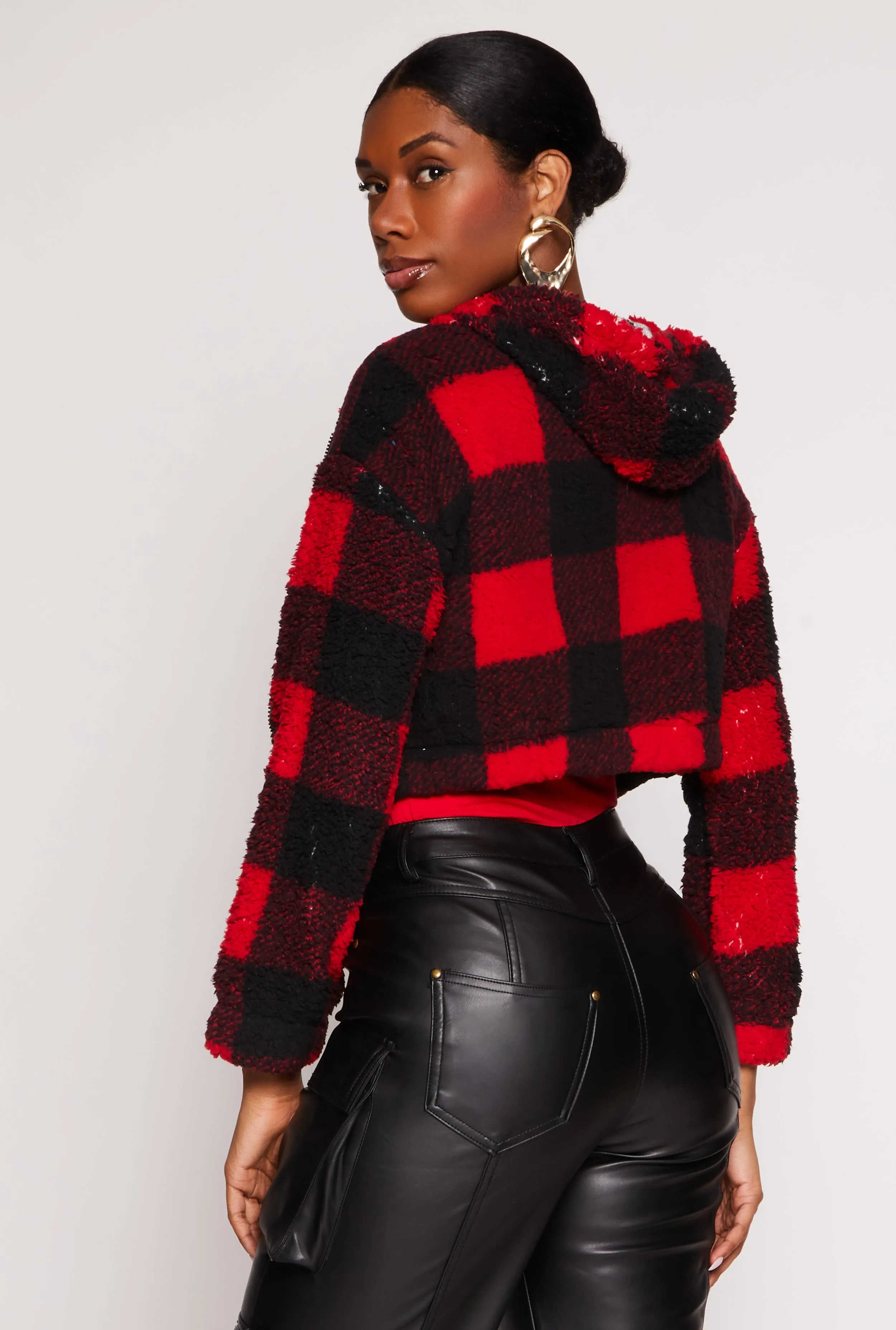 Buffalo Plaid Zip Front Hooded Cropped Jacket sold by Rainbow product image thumbnail 3