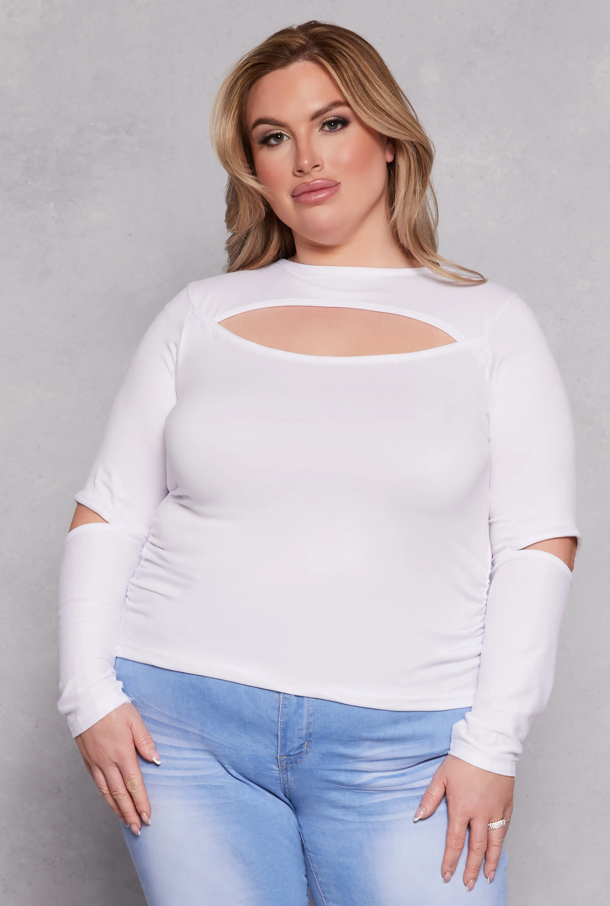 Plus Size Cut Out Long Sleeve Top sold by Rainbow