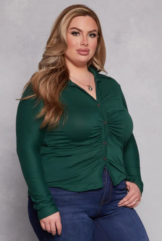 Plus Size Ruched Button Front Shirt sold by Rainbow
