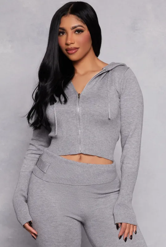 Ribbed Knit Zip Front Hoodie sold by Rainbow