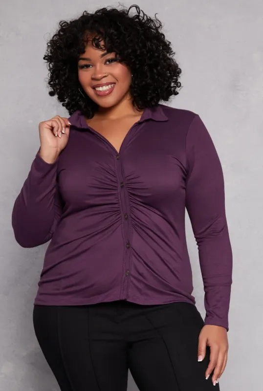 Plus Size Ruched Button Front Shirt sold by Rainbow
