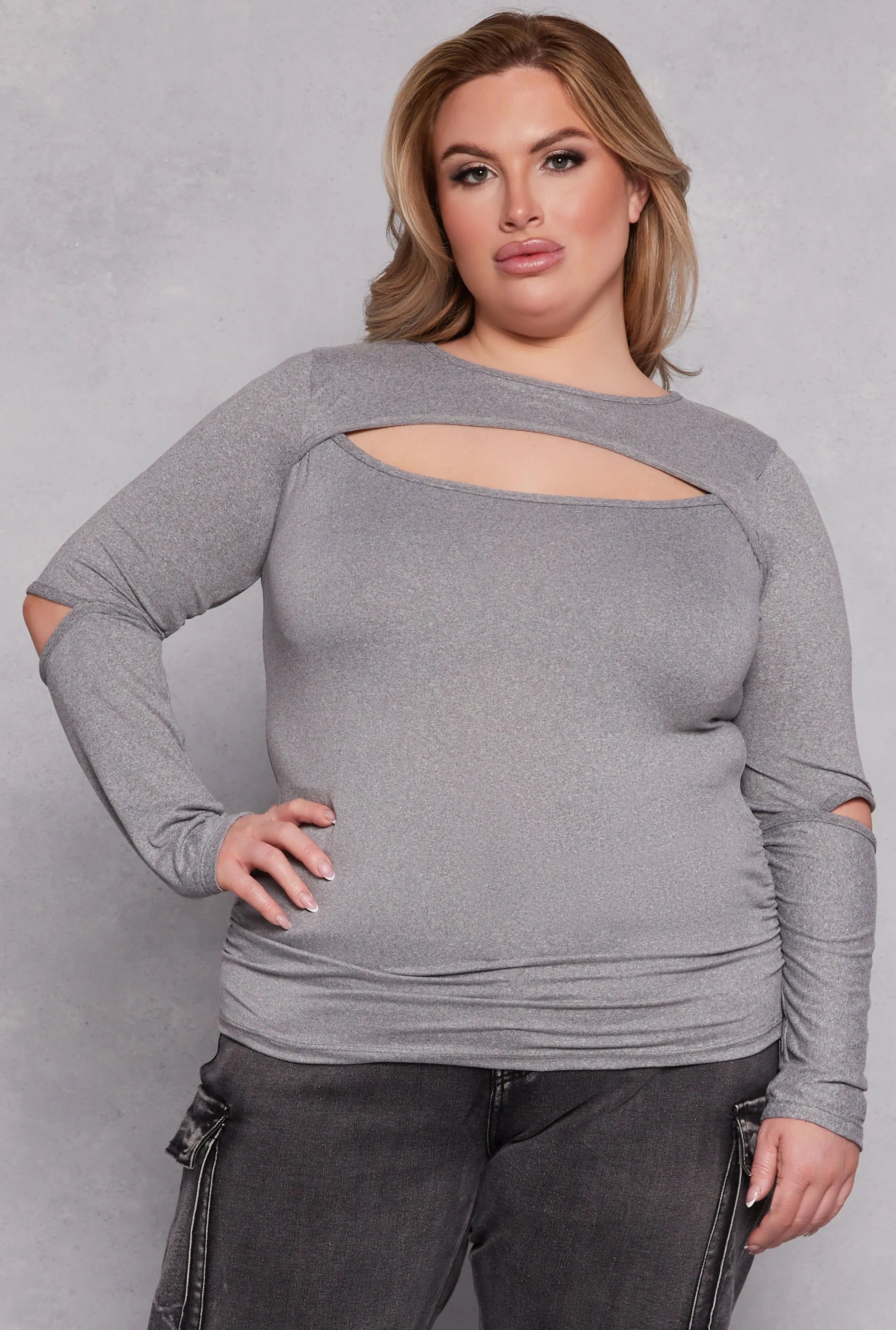 Plus Size Cut Out Long Sleeve Top sold by Rainbow