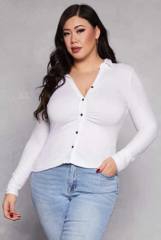 Plus Size Ruched Button Front Shirt sold by Rainbow