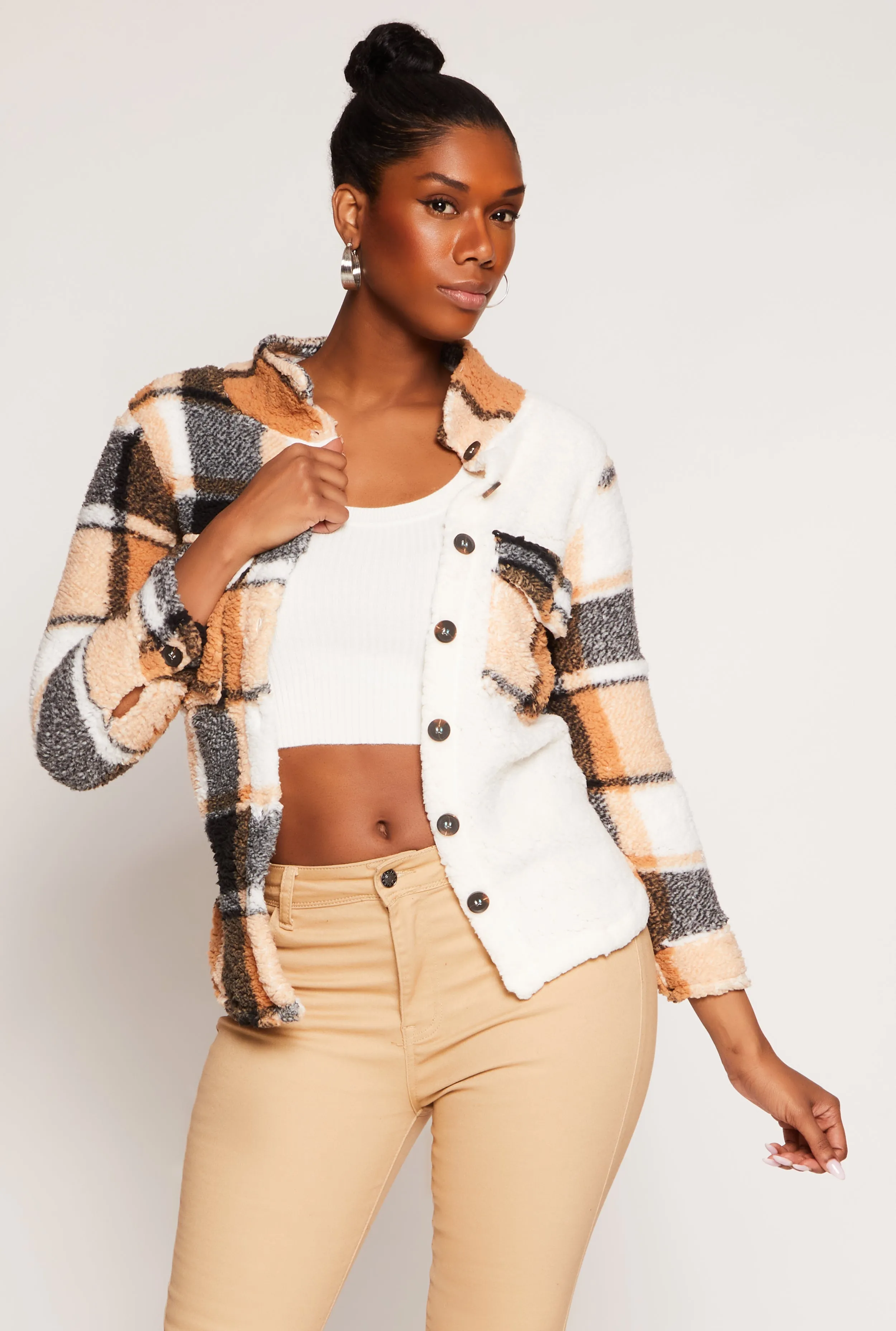 Plaid Sherpa Shacket sold by Rainbow