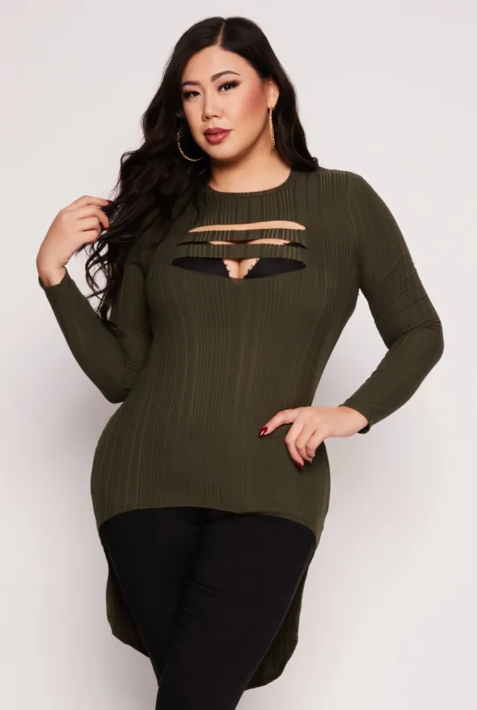 Plus Size Ribbed Laser Cut High Low Top sold by Rainbow
