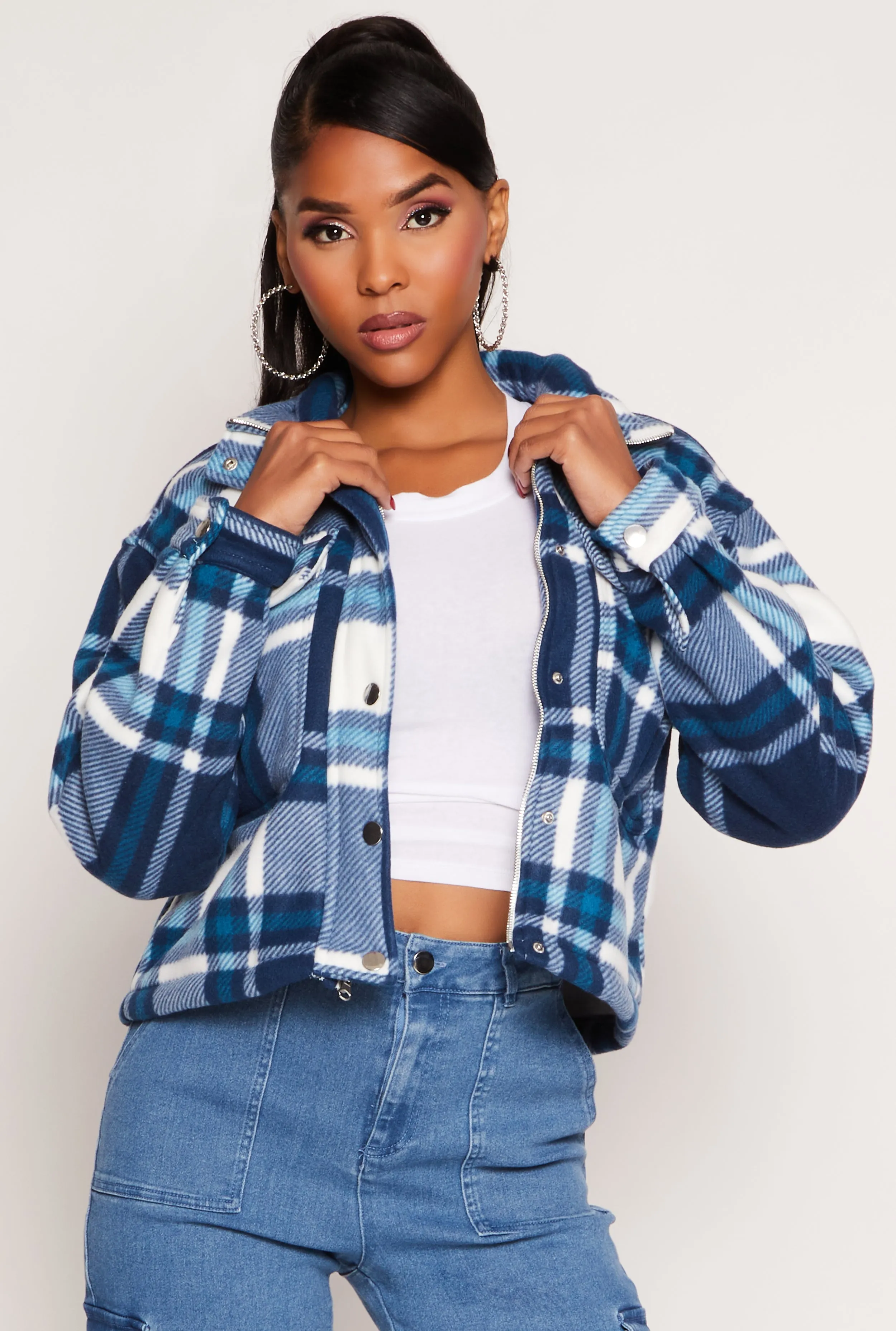 Plaid Snap Button Zip Front Shacket sold by Rainbow