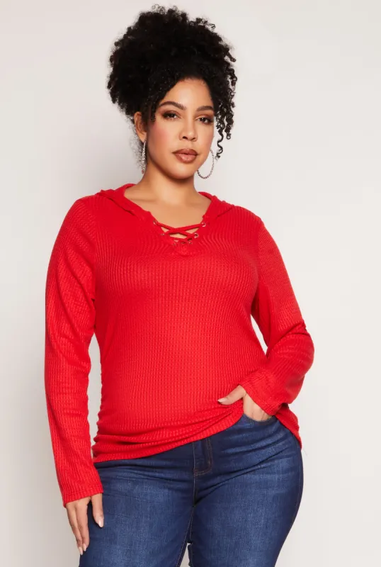Plus Size Waffle Knit Caged Detail Hooded Top sold by Rainbow