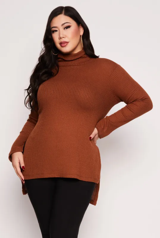 Plus Size Waffle Knit Turtleneck Tunic Top sold by Rainbow