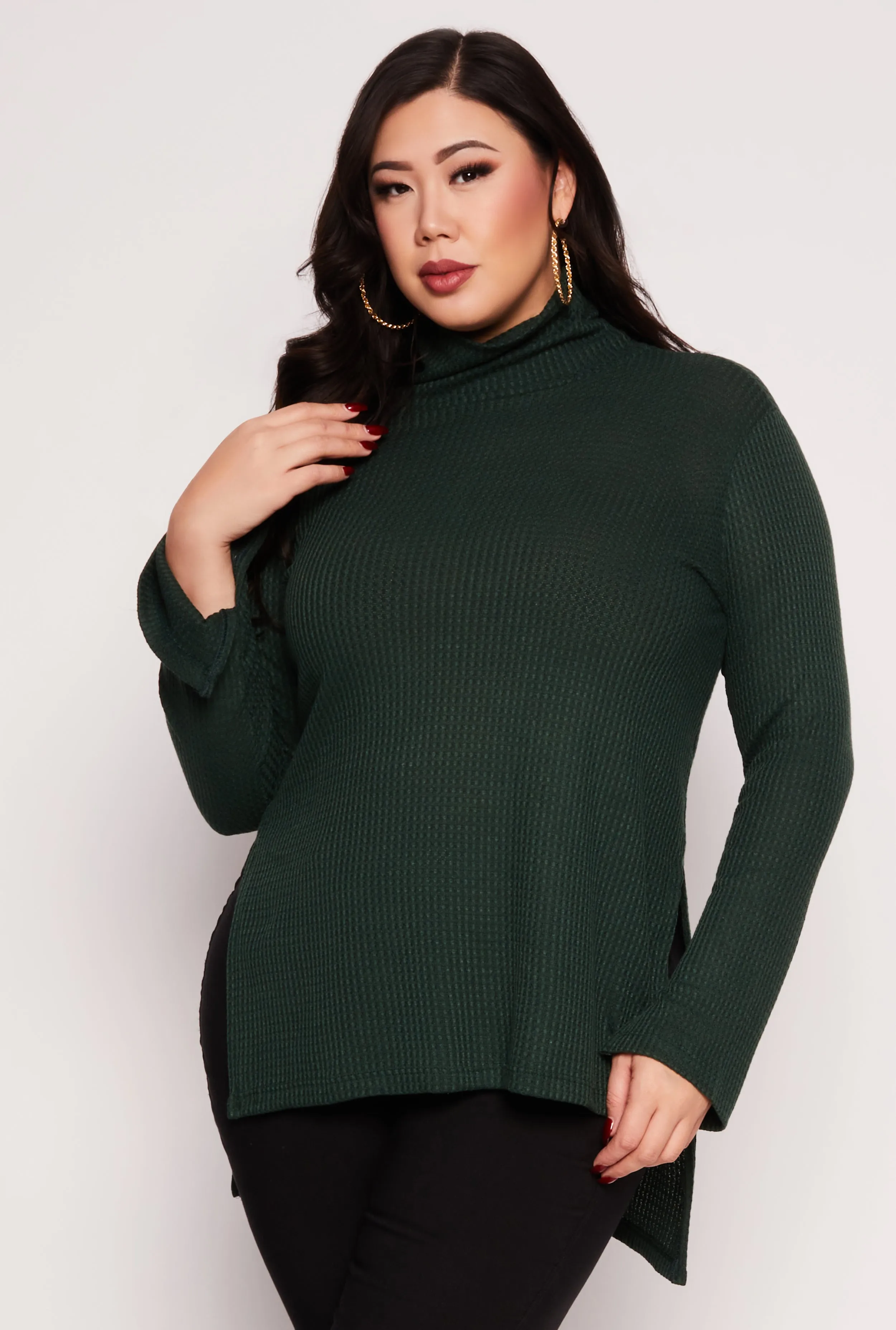 Plus Size Waffle Knit Turtleneck Tunic Top sold by Rainbow