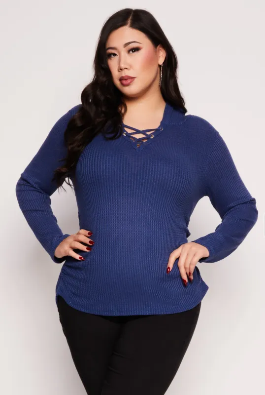 Plus Size Waffle Knit Caged Detail Hooded Top sold by Rainbow