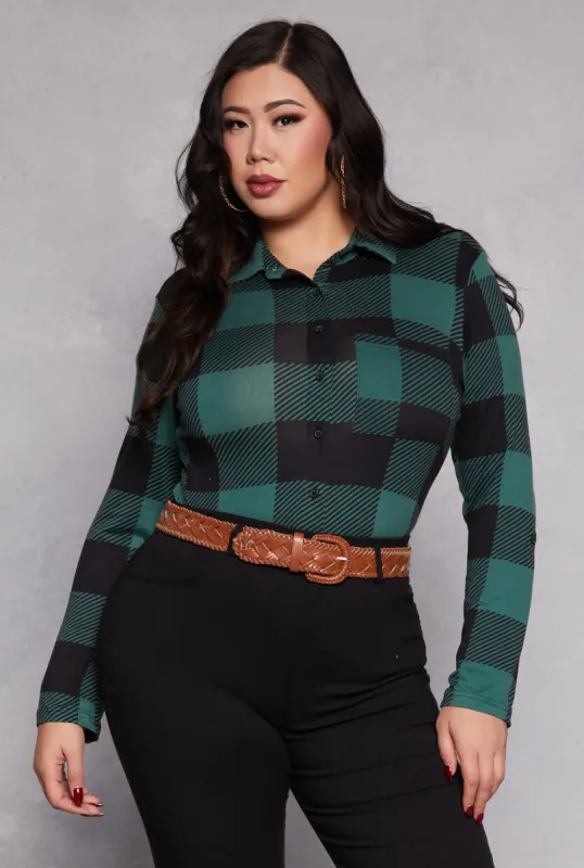Plus Size Buffalo Plaid Tabbed Sleeve Shirt sold by Rainbow