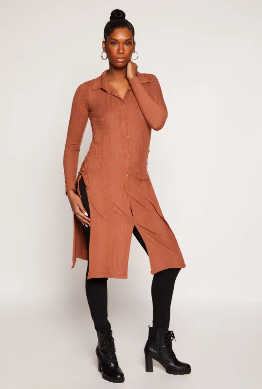Ribbed Knit Button Front Lace Up Maxi Top sold by Rainbow