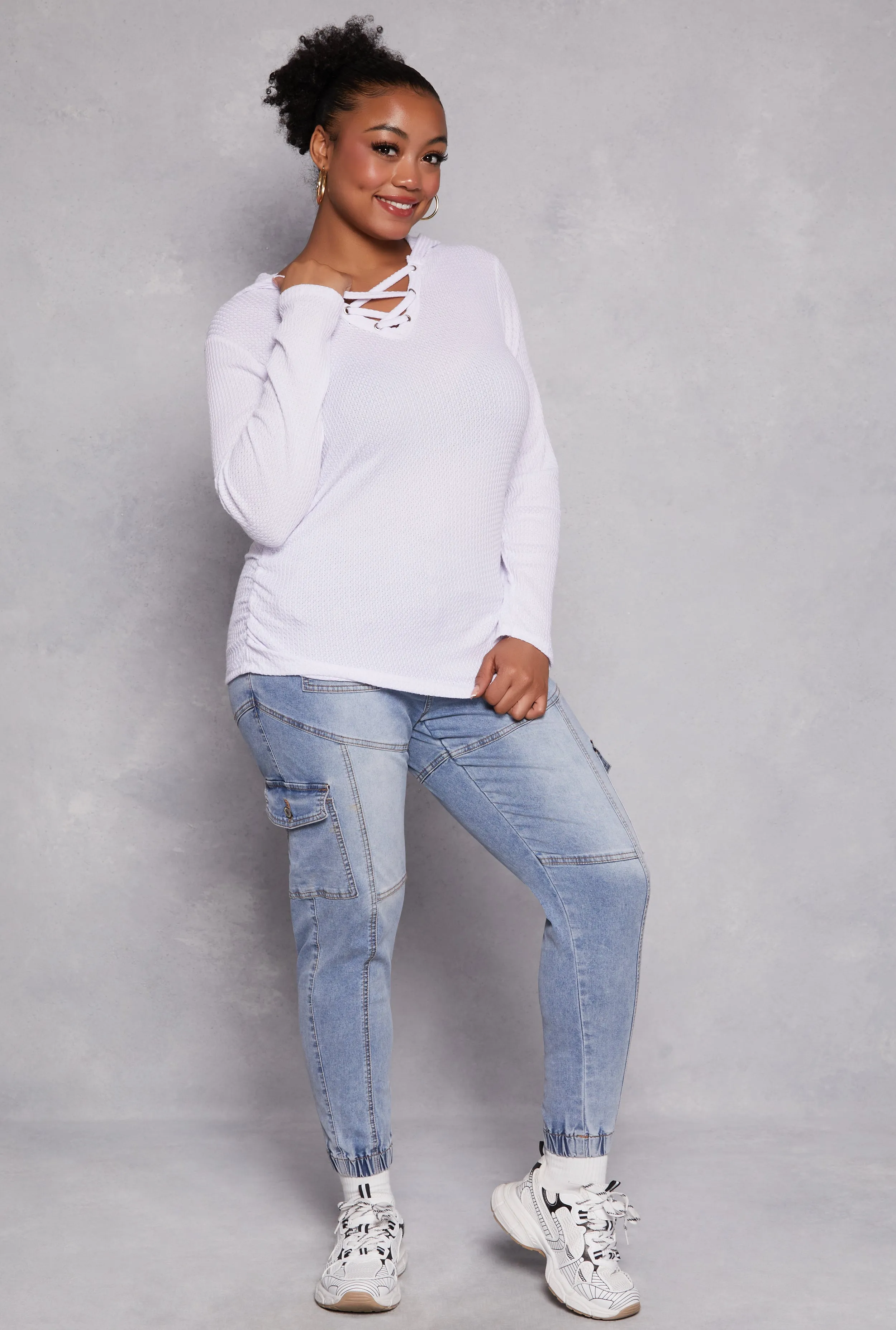 Plus Size Waffle Knit Caged Detail Hooded Top sold by Rainbow product image thumbnail 2