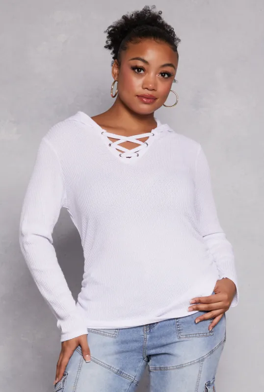 Plus Size Waffle Knit Caged Detail Hooded Top sold by Rainbow