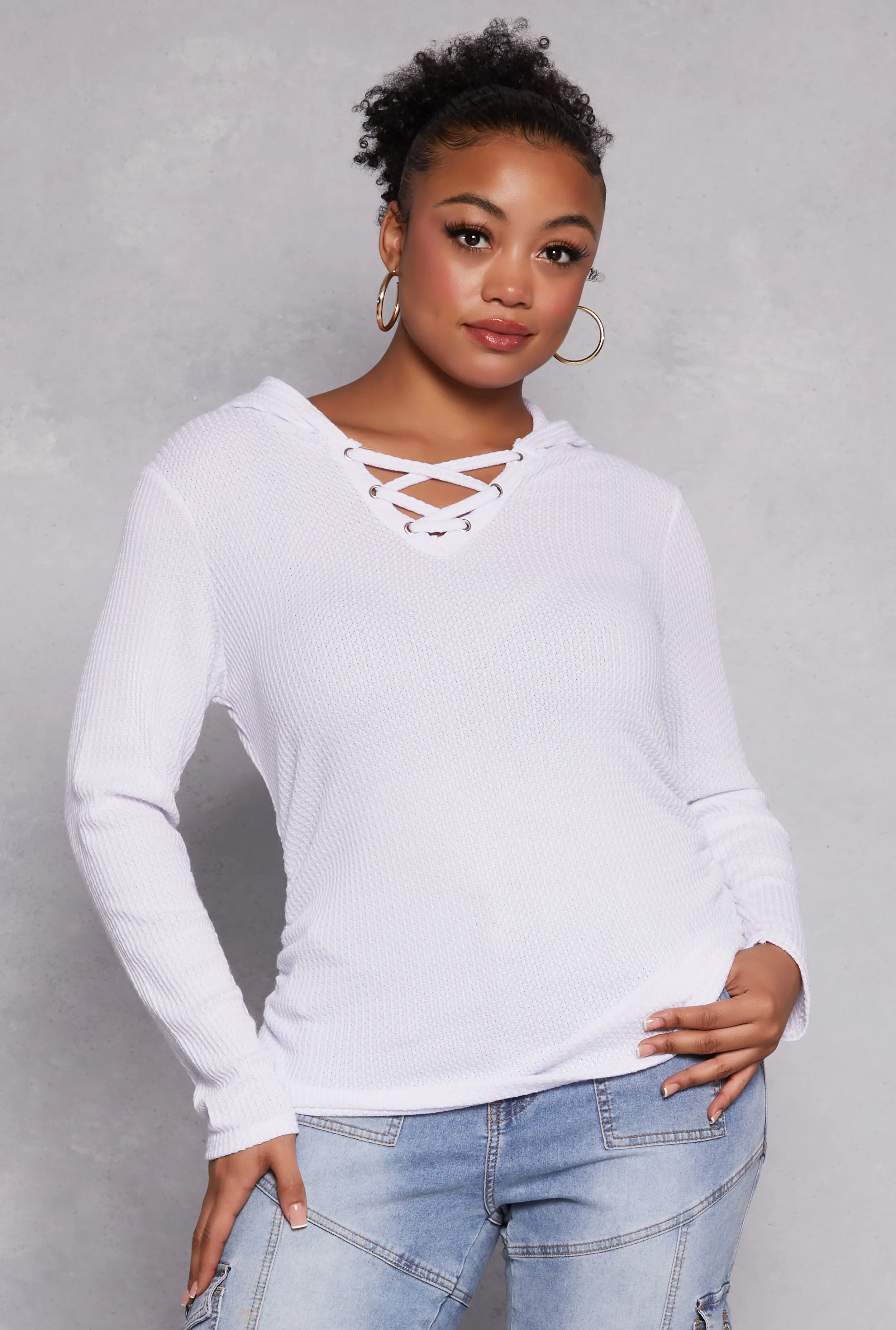 Plus Size Waffle Knit Caged Detail Hooded Top sold by Rainbow