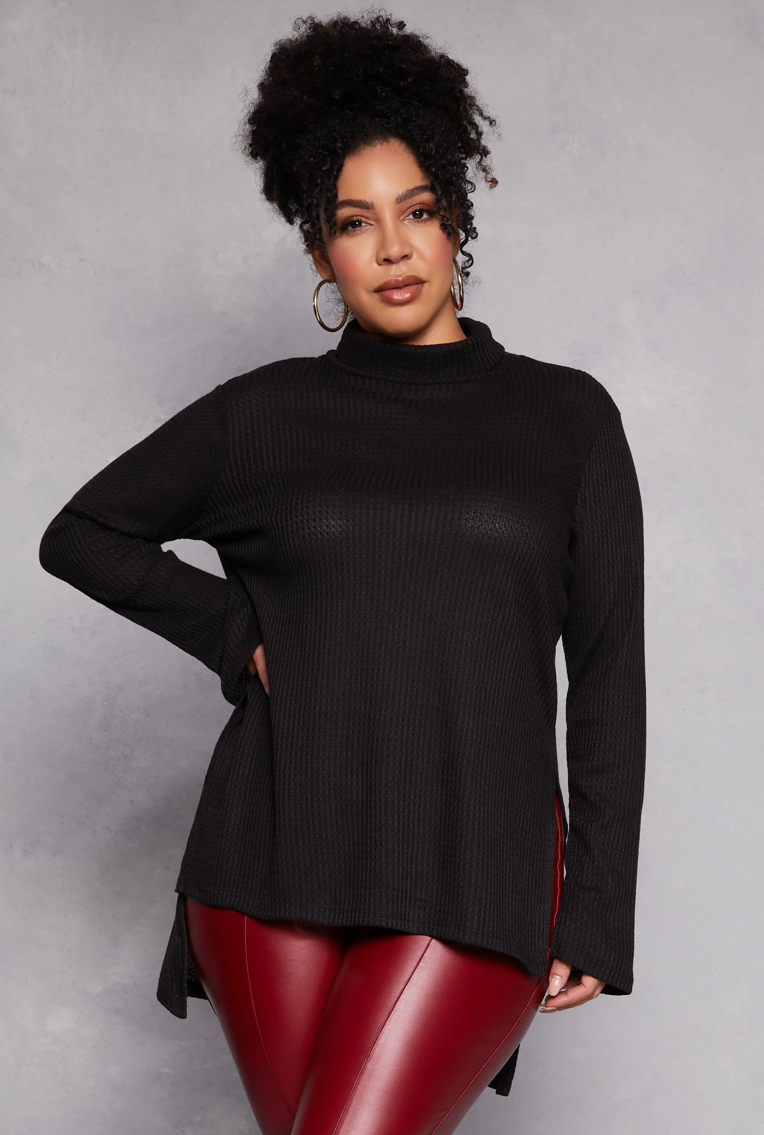 Plus Size Waffle Knit Turtleneck Tunic Top sold by Rainbow