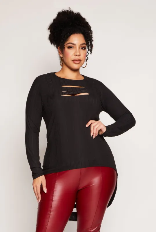 Plus Size Ribbed Laser Cut High Low Top sold by Rainbow