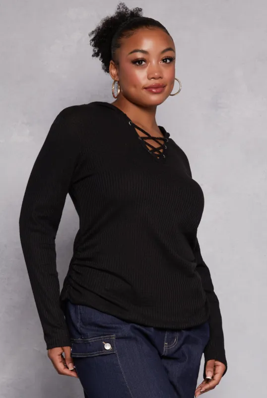 Plus Size Waffle Knit Caged Detail Hooded Top sold by Rainbow