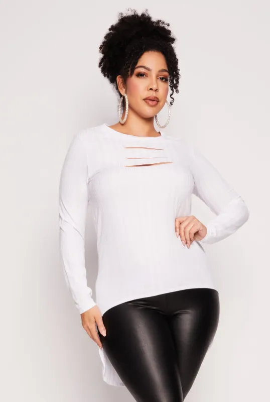Plus Size Ribbed Laser Cut High Low Top sold by Rainbow