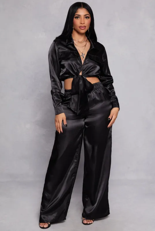 Satin Tie Front Crop Top and Wide Leg Pants sold by Rainbow