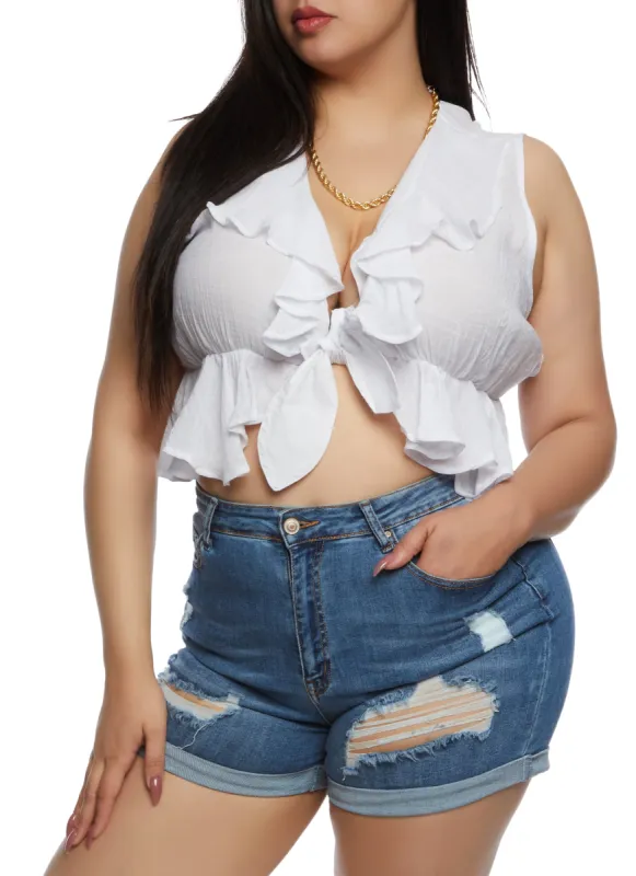 Plus Size Gauze Knit Ruffled Tie Front Crop Top sold by Rainbow