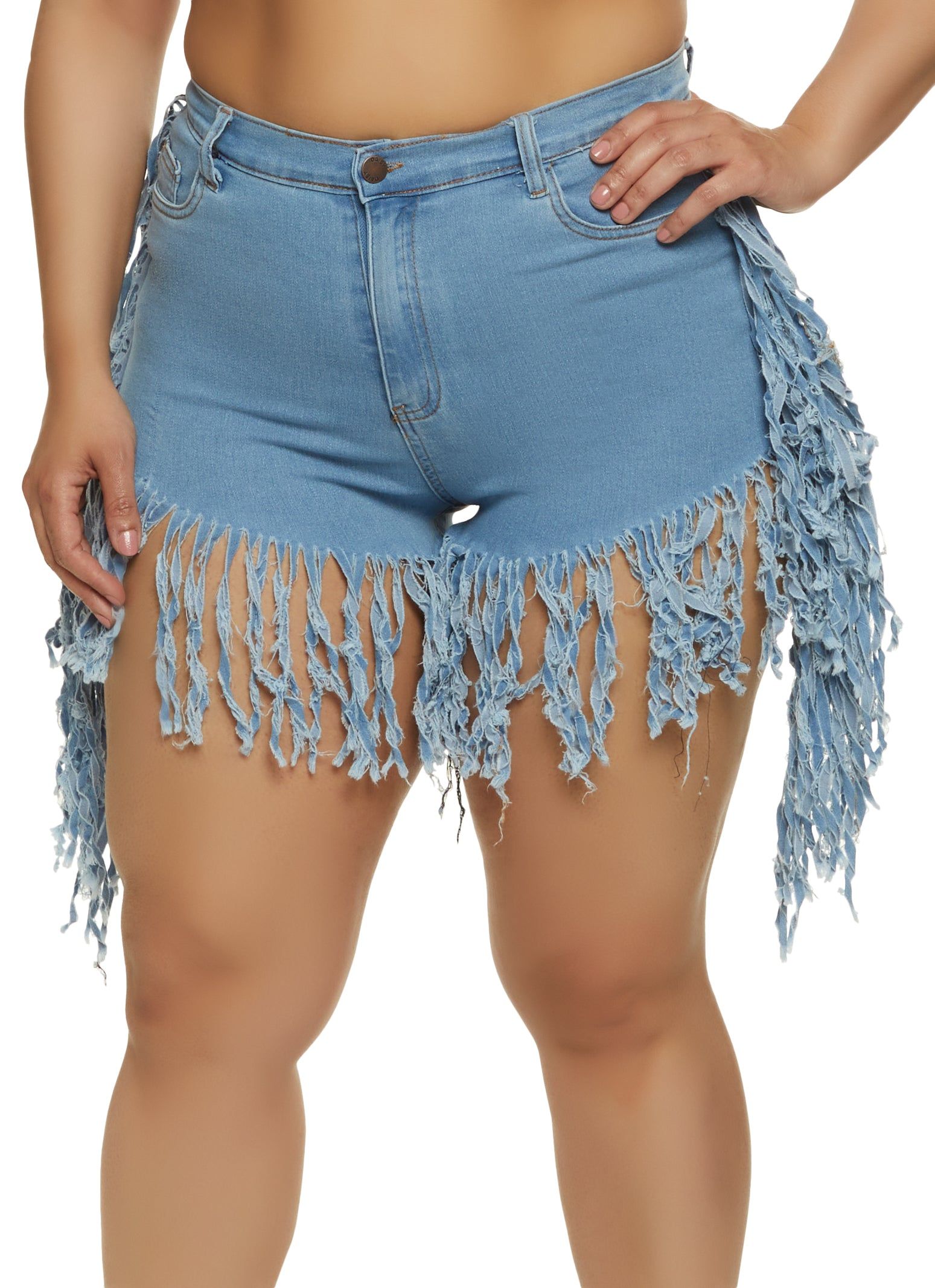 Plus Size Fringe Hem Detail Denim Shorts sold by Rainbow