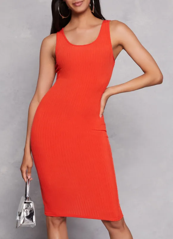 Ribbed Solid Scoop Neck Midi Tank Dress sold by Rainbow