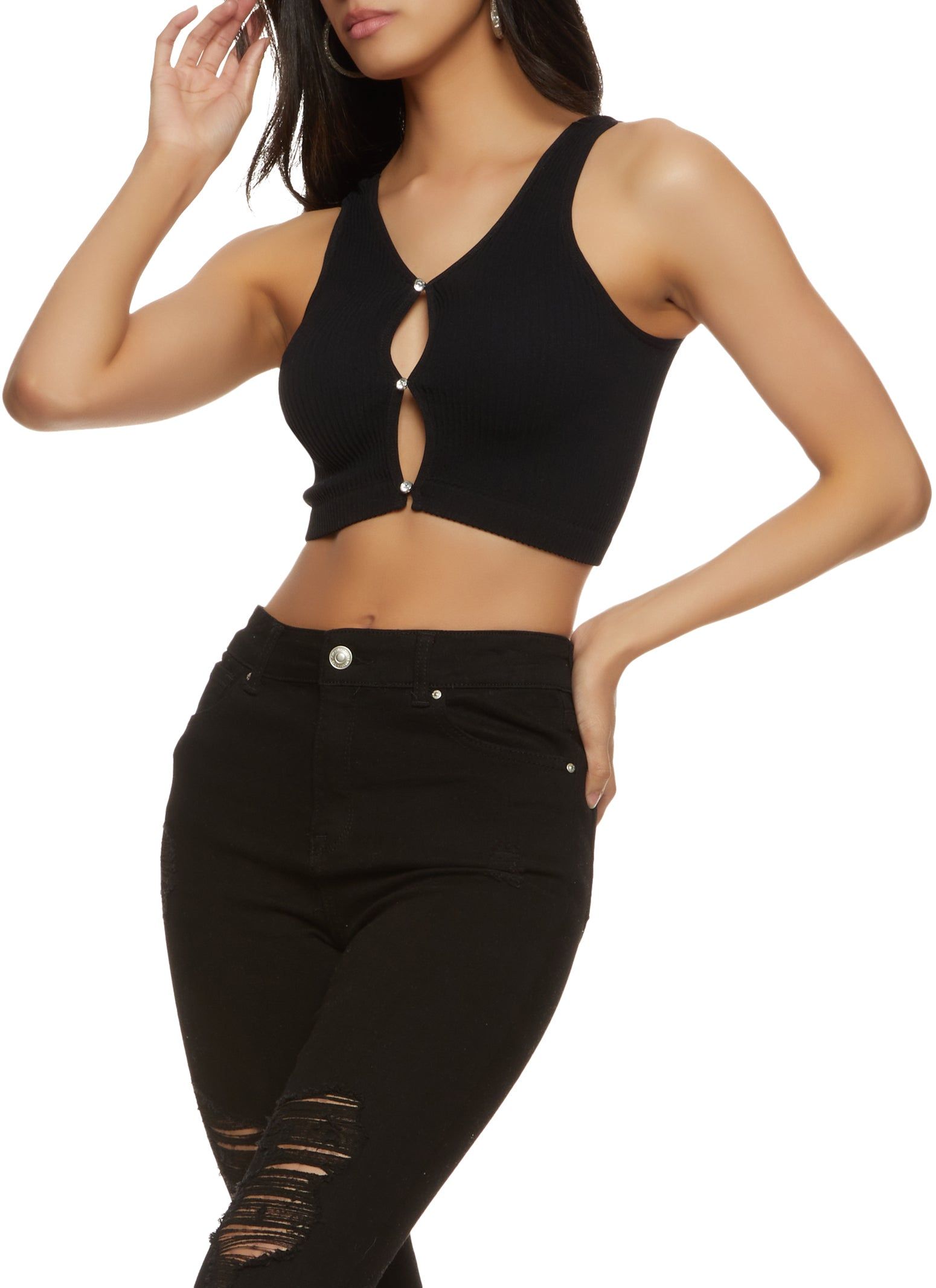 Rhinestone Keyhole Cropped Tank Top sold by Rainbow