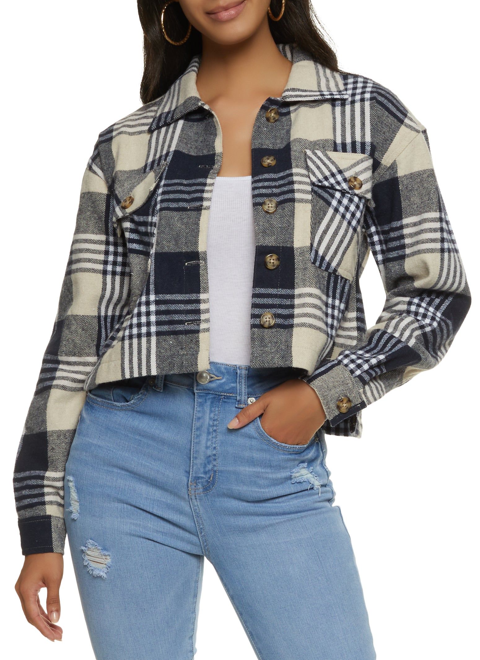 Plaid Brushed Knit Cropped Shacket sold by Rainbow