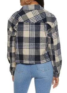 Plaid Brushed Knit Cropped Shacket sold by Rainbow