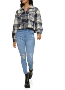 Plaid Brushed Knit Cropped Shacket sold by Rainbow