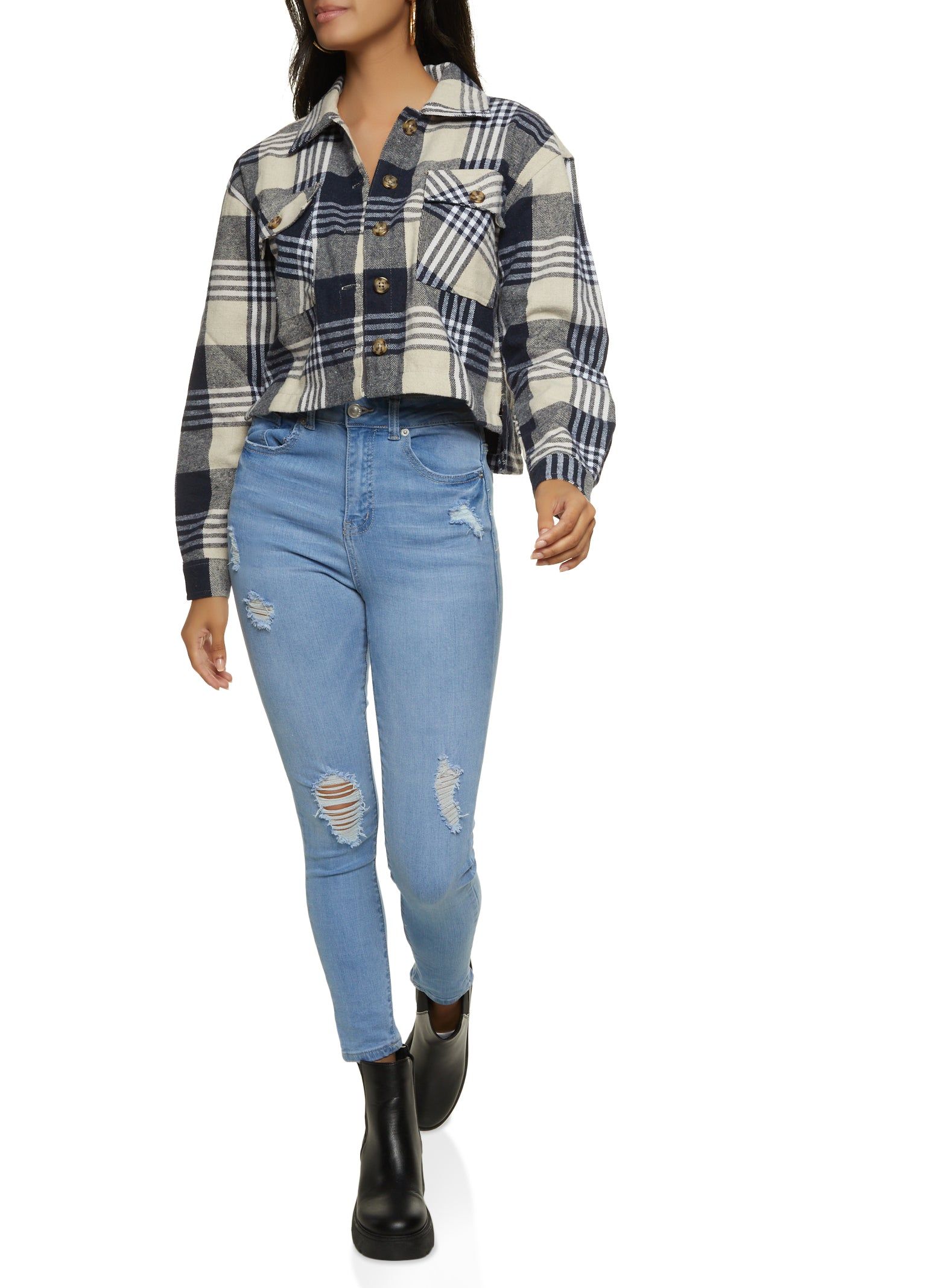 Plaid Brushed Knit Cropped Shacket sold by Rainbow product image thumbnail 2