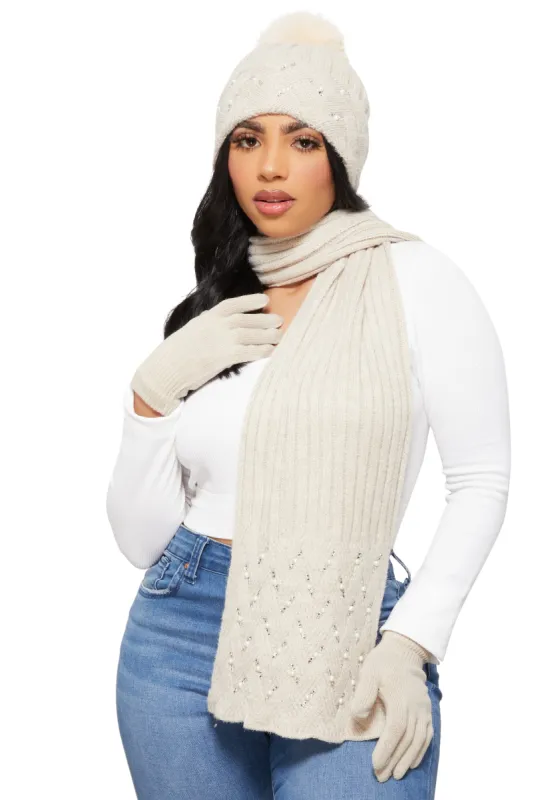 Rhinestone Faux  Pearl Detail Scarf with Beanie and Gloves sold by Rainbow
