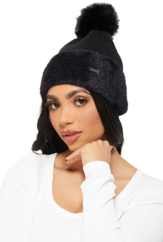 Faux Fur Pom Pom Eyelash Knit Cuff Beanie sold by Rainbow