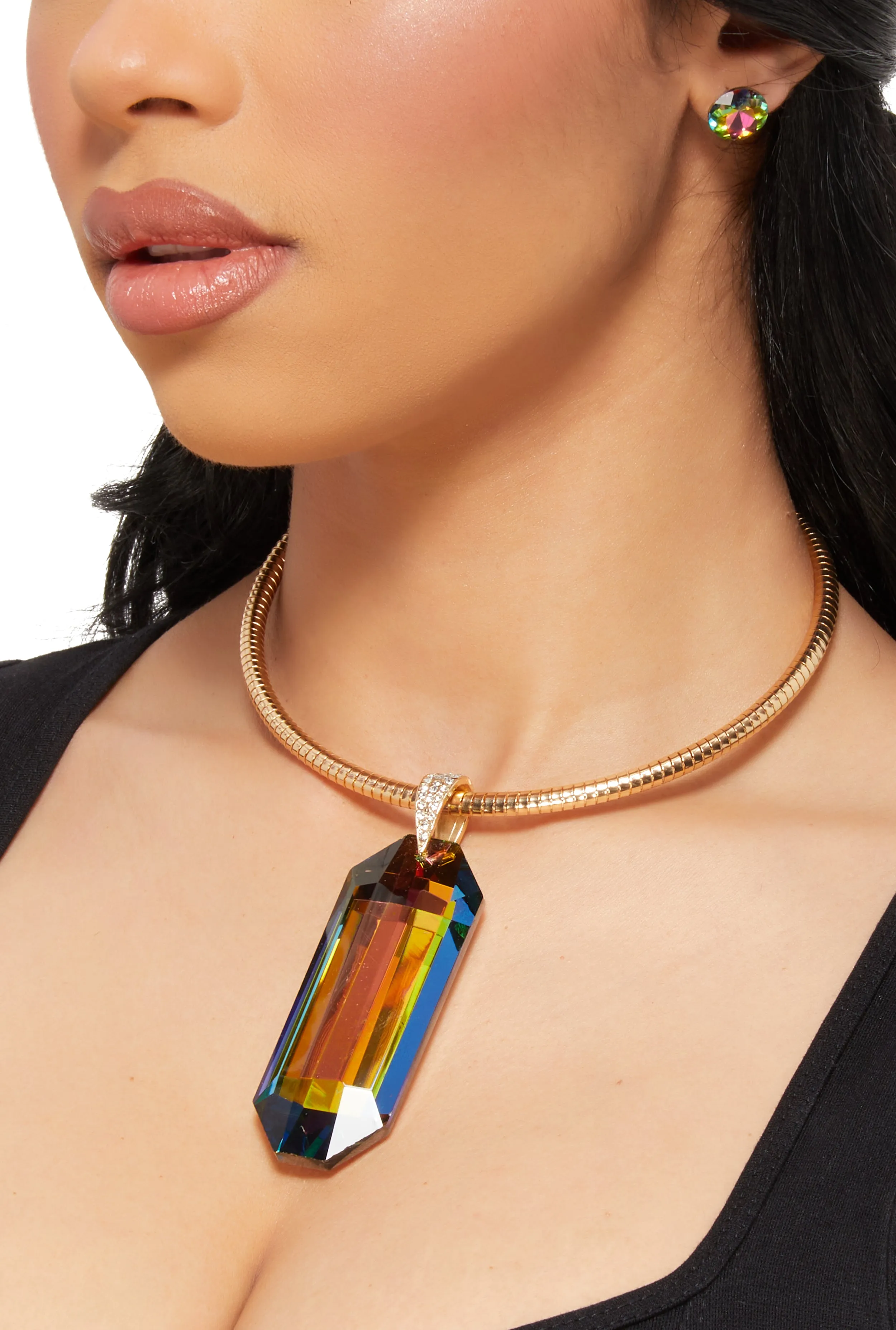 Iridescent Crystal Collar Necklace and Stud Earrings sold by Rainbow