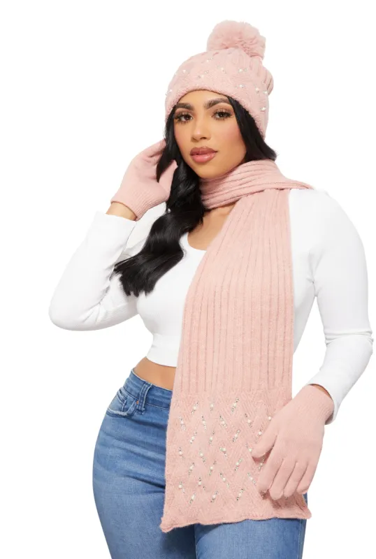 Rhinestone Faux  Pearl Detail Scarf with Beanie and Gloves sold by Rainbow