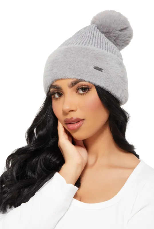 Faux Fur Pom Pom Eyelash Knit Cuff Beanie sold by Rainbow