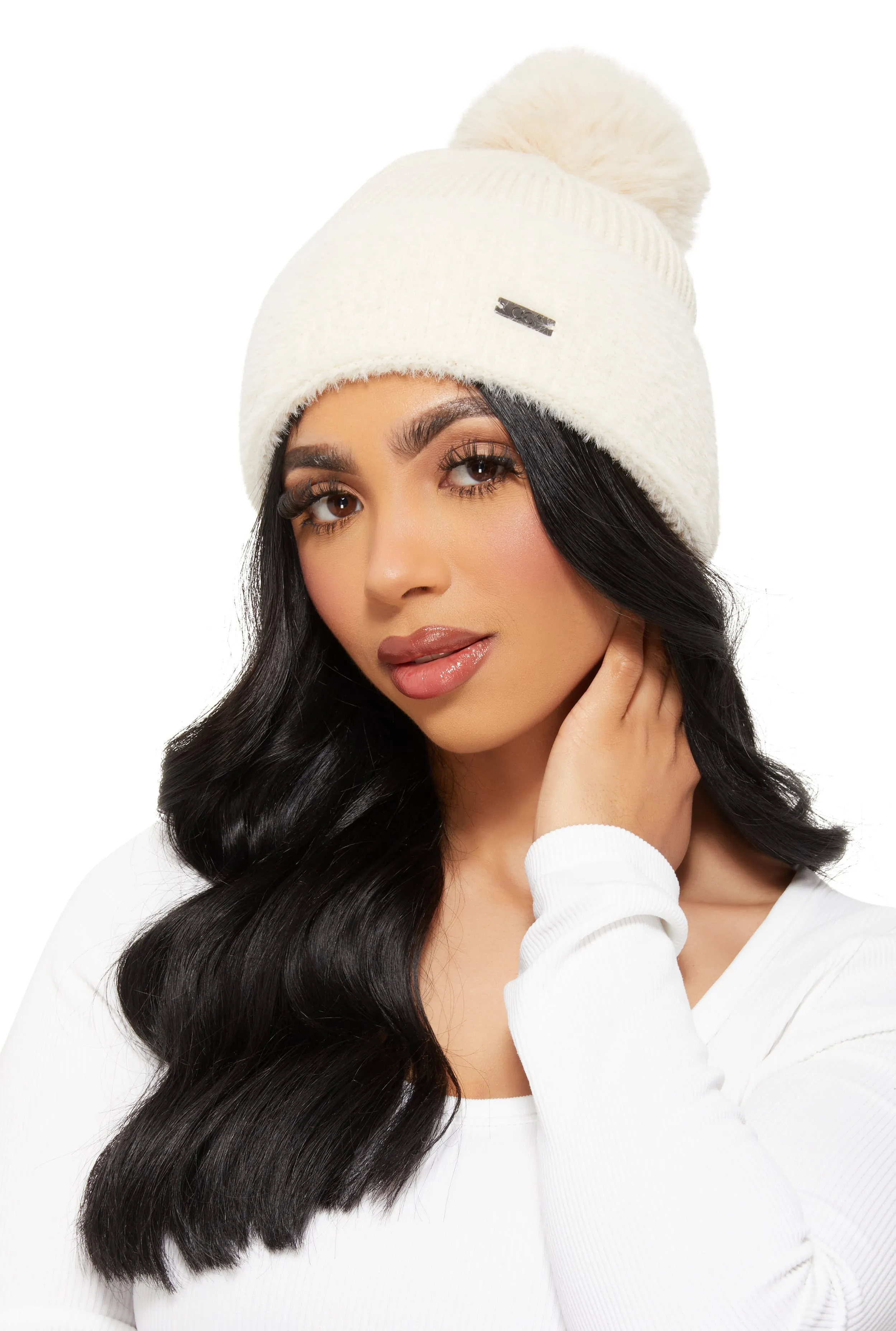 Faux Fur Pom Pom Eyelash Knit Cuff Beanie sold by Rainbow