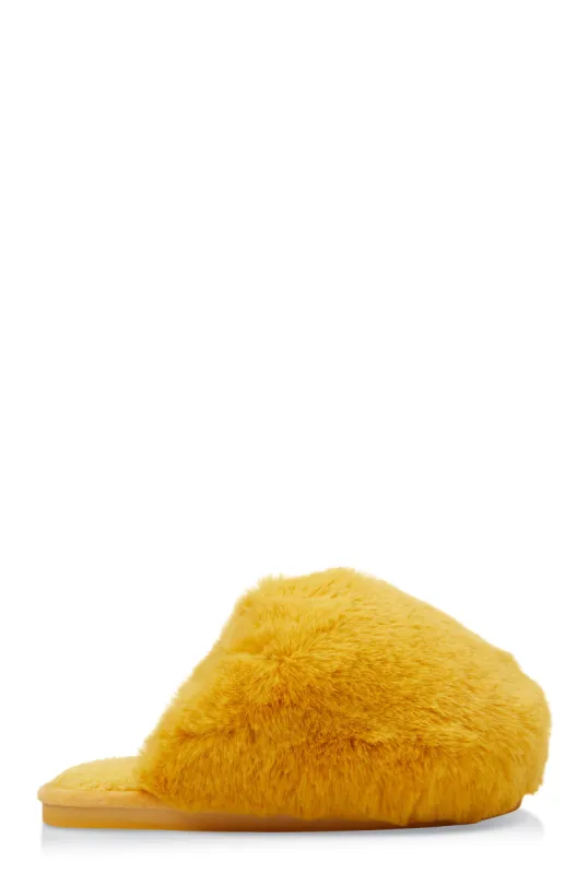 Faux Fur Round Toe Slippers sold by Rainbow