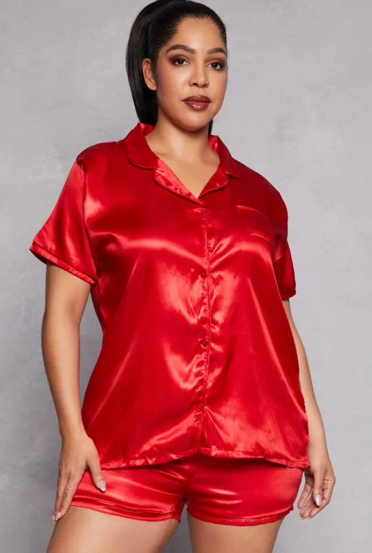Plus Size Satin Pajama Shirt and Shorts sold by Rainbow