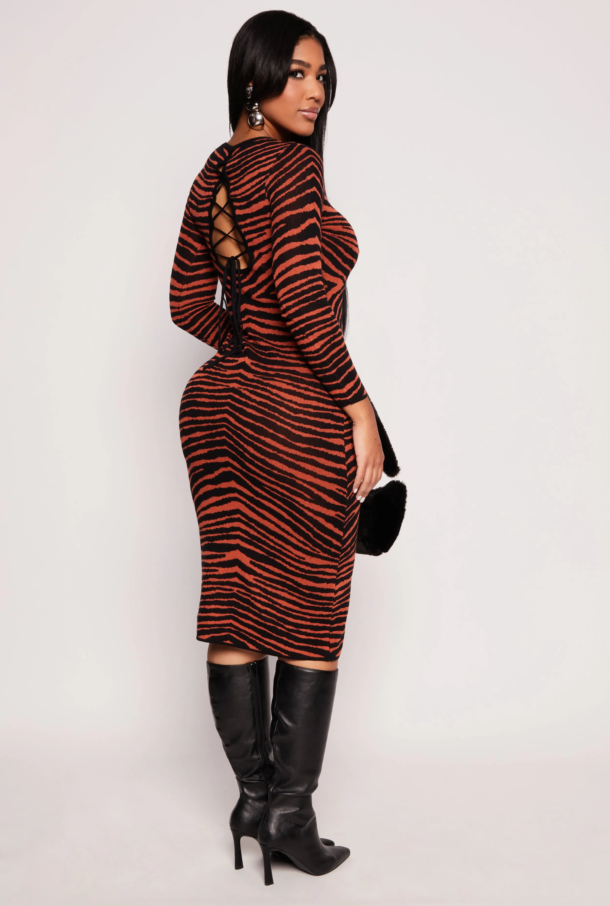 Almost Famous Zebra Lace Up Back Sweater Dress sold by Rainbow product image thumbnail 3