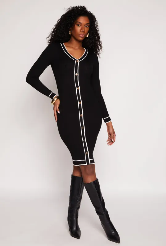 Contrast Trim Button Detail Sweater Dress sold by Rainbow